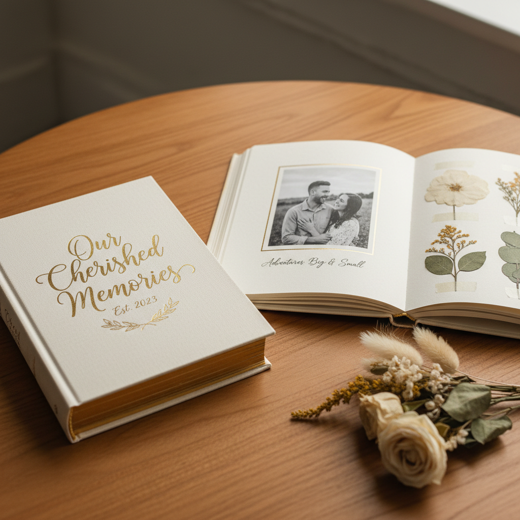 Personalized 6x9 hardcover memory book open on a wooden table