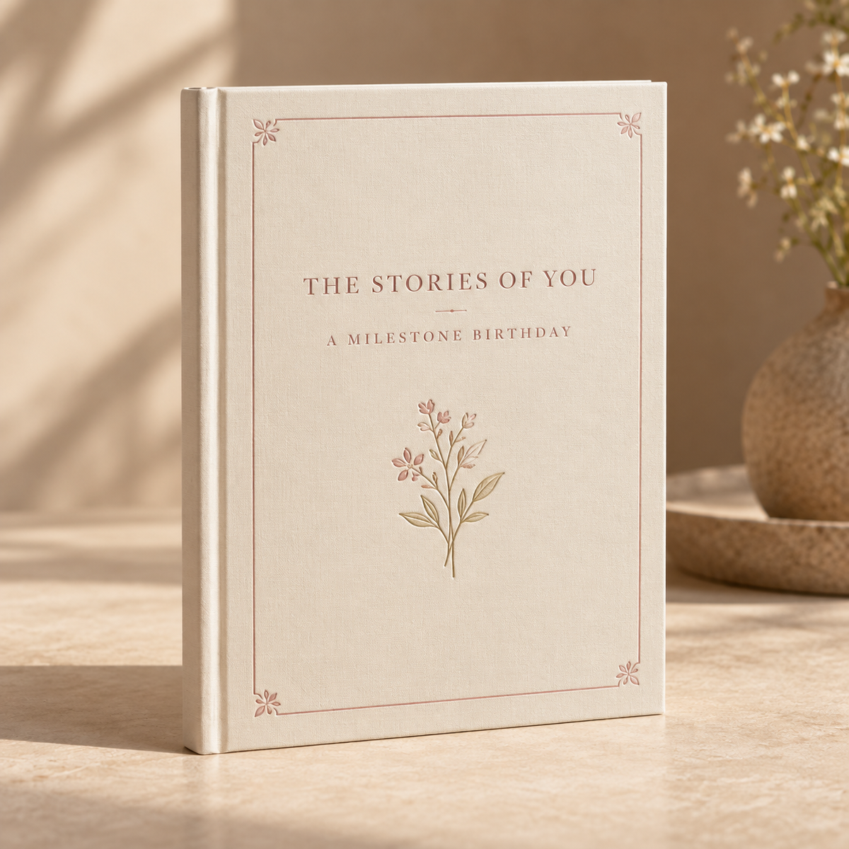 Illustrative milestone birthday memory book cover mockup in ivory and dusty rose