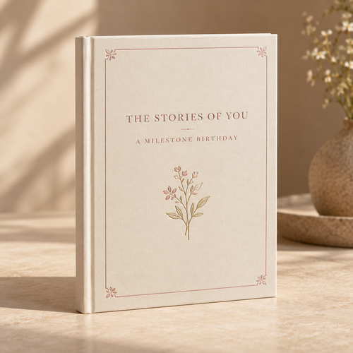 Illustrative milestone birthday memory book cover mockup in ivory and dusty rose