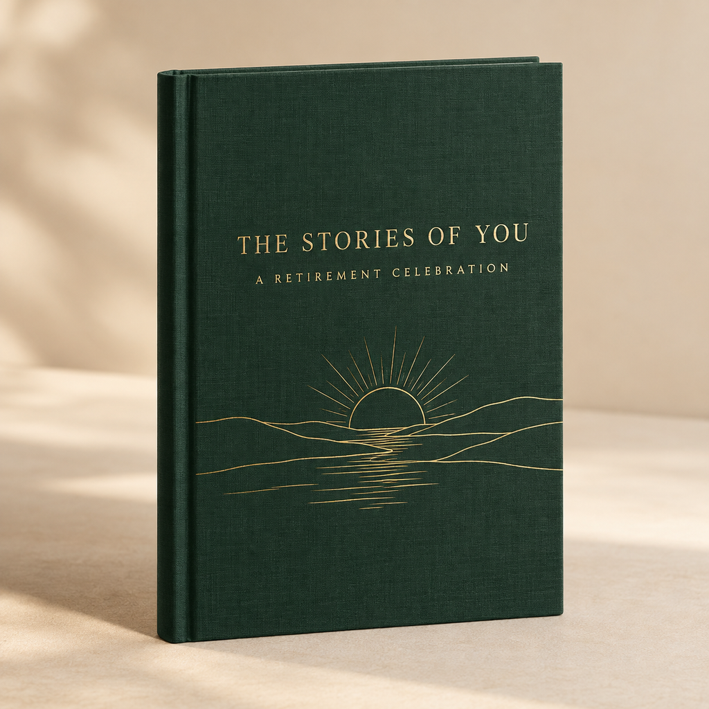 Illustrative retirement memory book cover mockup in forest green and gold