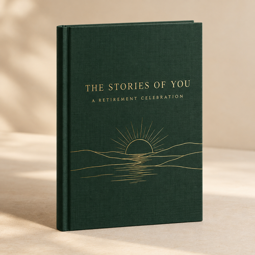 Illustrative retirement memory book cover mockup in forest green and gold